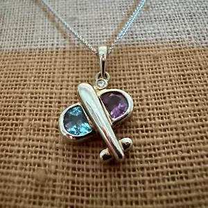 14K Weißgold Flugzeuganhänger mit Amethyst und blauem Topas Flügel Halskette - Bild 1 von 6