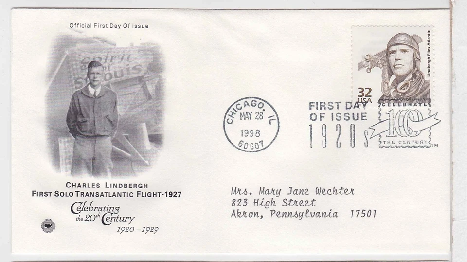 TurtlesTradingPost- Charles Lindbergh- 1920s #3484m- 1998 FDC- Artcraft Variety - Image 1 of 1