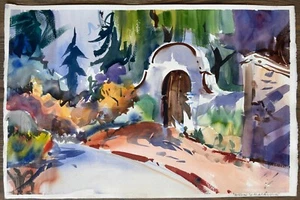 Mission San Diego de Alcala Original CA Vintage Aquarell Gemälde R BUCHWALD - Bild 1 von 4