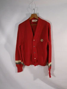 1950's Catalina Red Alpaca Cardigan Men's M Striped Sleeves Golf Crest Patch - Picture 1 of 7