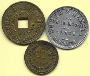 3 1920er Roben & Newell 5c,10c,25c Longview Washington Billard Medaillen - Bild 1 von 2
