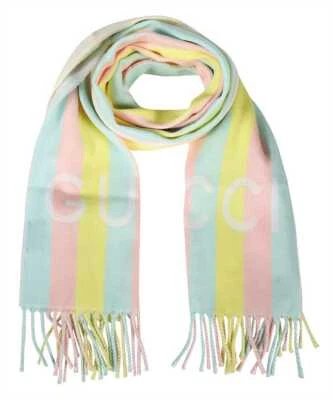 Nueva Bufanda Larga Gucci Rosa/Amarillo/Azul Lana a Rayas con Logo 627873 6969 Foto 1 de 4