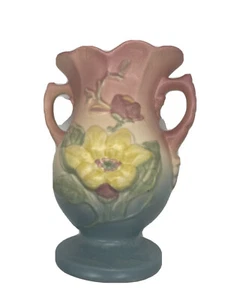 Vintage Rumpf Kunstkeramik 11-6 1/2" Vase Magnolie Doppelgriff rosa gelb 1940er - Bild 1 von 11