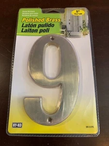 5" POLISHED BRASS HOUSE NUMBER "9" mounting screws included Hy-Ko BR-51PB - Picture 1 of 2
