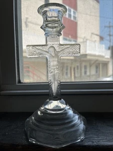 Portacandele vintage INRI 8" croce crocifisso Gesù vetro trasparente, decoro cristiano - Foto 1 di 4