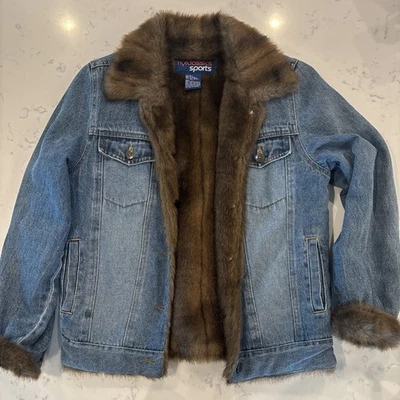 Chaqueta vaquera boho retro vintage estilo años 80 NY clásicos forrada de piel marrón forrada azul pequeña Foto 1 de 4