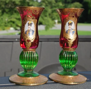 Pair Vases Antique Naser al-Din Shah Qajar King Persia 5 1/2" Iran - Picture 1 of 12