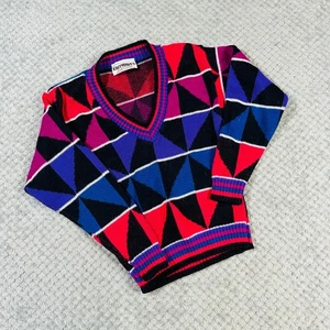 Vintage Funky Geometrisch 80er Neon Acryl V-Ausschnitt Grobstrick Pullover Kinder S  - Bild 1 von 6