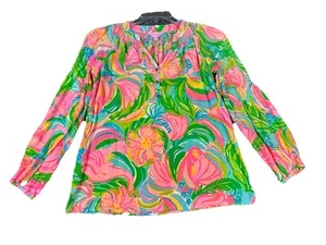 Lilly Pulitzer Blouse Elsa Seashells 100% Silk Floral Top XS Shirt Exotic L/S - Picture 1 of 6