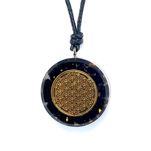 Orgonit Anhänger Blume Des Lebens Schwarzer Turmalin Bergkristall Gold Ø 31 mm - Bild 1 von 5