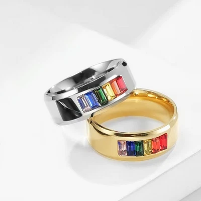 男式高品质钛钢彩虹骄傲锆石戒指(8-12 码) — 第 1/4 张图片