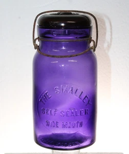 ANTIQUE PURPLE THE SMALLEY  SELF SEALING FRUIT  JAR  QUART BOSTON MASS AMBER LID - Picture 1 of 11