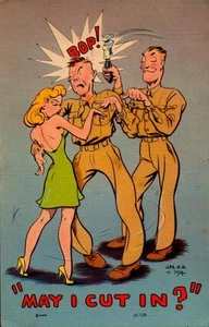 M.W.M. WWII COMIC POSTCARD-"MAY I CUT IN?" SOLDIERS AND DANCING GIRL BKC2 - Picture 1 of 2