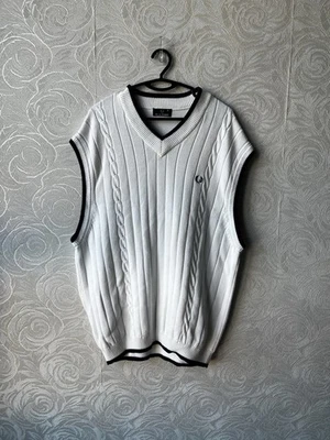 Vintage Fred Perry Sweater Vest Mens XL White Varsity Cable Knit Sportswear - Image 1 of 4