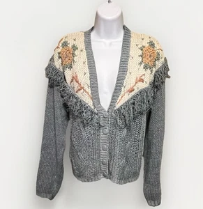 Vintage Handstrick Fransen Cardigan Pullover blau Blumen Oma Landhaus 80er Boho Gr. L - Bild 1 von 7