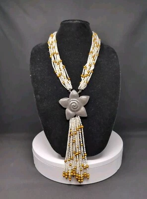 ALOHA! Enorme LEI Perla 26" Con Flor de Plata de Ley MULTI-HIEBRA Oro Hawaii Foto 1 de 4