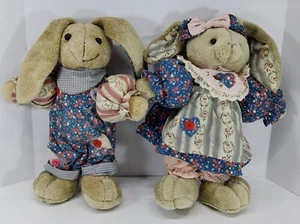 MR. & MRS. BUNNY RABBIT COUNTRY PLUSH DOLLS WITH FLORAL CLOTHING - Picture 1 of 7