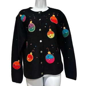 Vintage Talbots  Christmas Cardigan Wool M Embroidered Holiday Ornaments - Picture 1 of 13