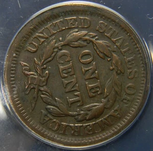 1854 BRAIDED HAIR LARGE CENT, ANACS VF35, ERROR: REVERSE ROTATED 80° CW - Picture 1 of 5
