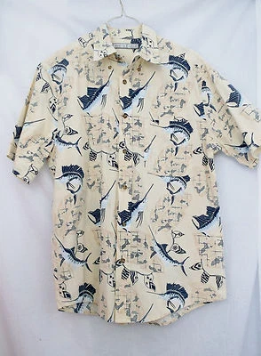 Camisa Estilo Hawaiano Color Amarillo Claro Pez Marlin/Isla-S-Monte Carlo-Algodón Foto 1 de 4