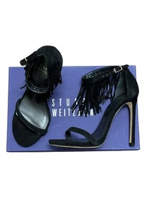 Stuart Weitzman Sz 7 Heels Love Fringe Strappy Sandals Black Suede Open Toe - Picture 1 of 9