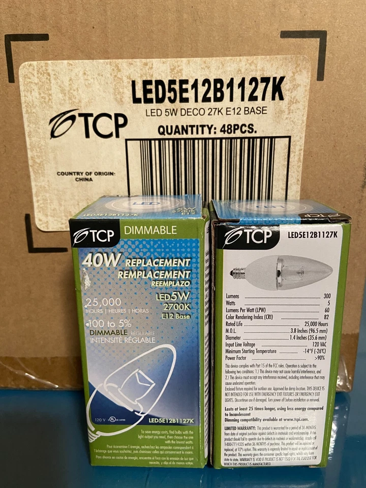 (12 Pack) B11 Dimmable LED Light Bulb E12 Base TCP-LED5E12B1127K - Image 1 of 1