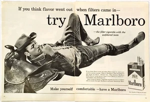 Anuncio impreso vintage 1960 Marlboro Man Cowboy clásico anuncio completo de 2 páginas - Imagen 1 de 1