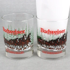 Budweiser Clydesdale Holiday Old Fashioned Whiskey Bar Glas 2er Set Vintage 1989 - Bild 1 von 11