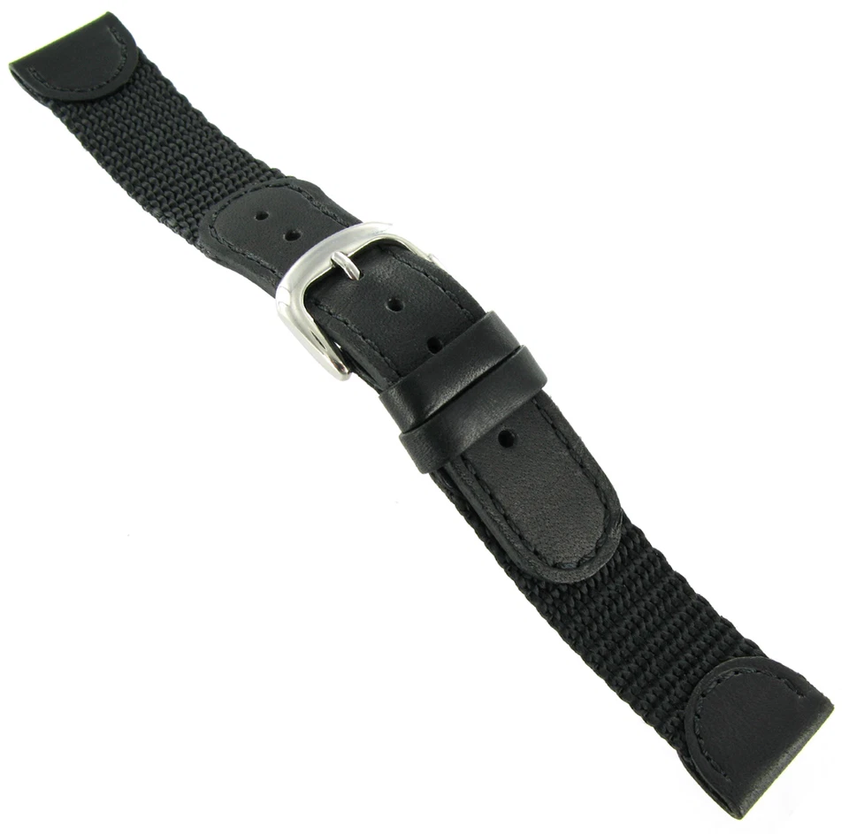 19mm Kreisler Black Leather Black Fabric Fits Swiss Army Mens Watch Band Strap