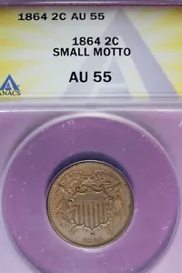 1864 ANACS 2C AU55 SMALL MOTTO SHIELD TWO CENTS #B45746 - Picture 1 of 2
