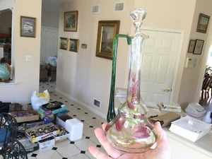 Antiker floral bemalter Glas mundgeblasen Ewer Krug Henkel Flasche mit Stopfen - Bild 1 von 12