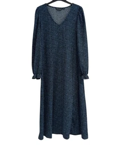 Dorothy Perkins Long Sleeved Midi Dress Size 12 V Neck Black Blue Polka Dot Slit - Picture 1 of 6