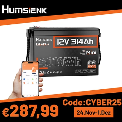 HUMSIENK Lithium Batterie 12V 300Ah Bluetooth LiFePO4 Akku 200A BMS Wohnmobil Off-Grid