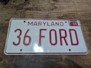 Placa de matrícula Maryland MD 1980 80 de colección etiqueta # 36 Ford blanco rojo hombre decoración de cueva - Imagen 1 de 4