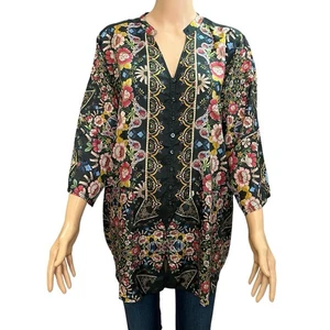Johnny Was Corin Seide Tunika Bluse groß Blumen bunt Boho Knopfleiste fließend - Bild 1 von 13