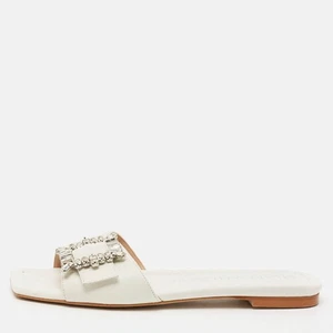 Stuart Weitzman White Leather Crystal Embellished Slide Sandals Size 37 - Picture 1 of 9