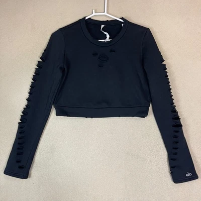 Alo Yoga Black Distressed Cutout Long Sleeve Crop Sweatshirt Top Womens M - Image 1 of 4