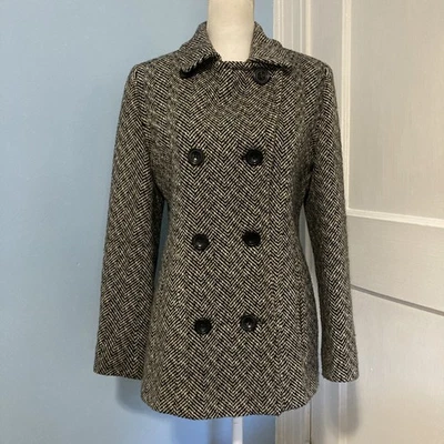 Anne Klein Black & White Herringbone Wool Blend Pea Coat Lined Pockets Women’s M - Image 1 of 4