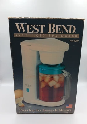 Máquina de té helada West Bend vintage 2 cuartos de galón blanca verde azulado modelo eléctrico 6050 nueva de stock Foto 1 de 4