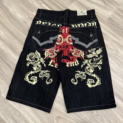 Vtg Y2K Raw Blue Jean Shorts Mens 36 Loose Baggy Fit Hip Hop Embroidered Pockets - Image 1 of 4