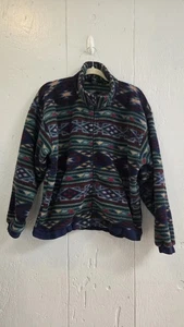 Vintage Y2K Lands End geometrische Fleecejacke mit durchgehendem Reißverschluss blau rot türkis Damen 10-12 USA - Bild 1 von 11