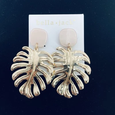 Bella •Jack Monstera Leaf Drop Earrings Gold Tone Dangle Acrylic Post Top - Image 1 of 4