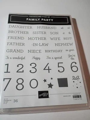 Stampin’ Up! Conjunto de selos FAMILY PARTY números palavras frases presentes (NOVO, aposentado) - Imagem 1 de 2