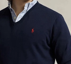 Neu mit Etikett Polo Ralph Lauren grauer Herrenpullover mit V-Ausschnitt Größe LARGE MARINEBLAU ROT POLO-LOGO - Bild 1 von 6