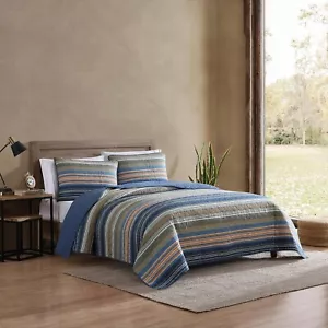 Queen Quilt Set Southwestern Modern Farmhouse Cotton Blue Stripe Cabin Lodge 3Pc - Picture 1 of 24