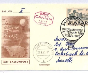Germany SAAR BALLOON MAIL Card *MISS CANADA* Air Mail 1953 Moselle YQ139 - Picture 1 of 12