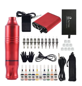 Tattoo Kit Machine Gun Motor Pen 10 Color Inks Power Supply Tattoo Needles - Picture 1 of 14