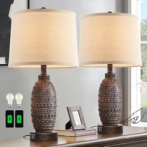 Lamps Nightstand Table Bedroom Living Room Desk Farmhouse Bronze Set of 2 Rustic