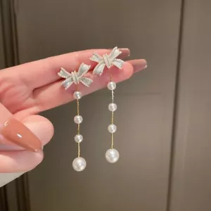 Fashion Long Bowknot Pearl Stud Earrings Drop Dangle Women Wedding Jewelry Gift - Picture 1 of 5