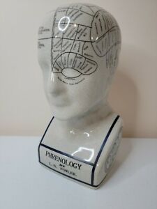 L N Fowler Phrenology Bust Head Ceramic Crackled 9" Psychology Head SMOKE FREE